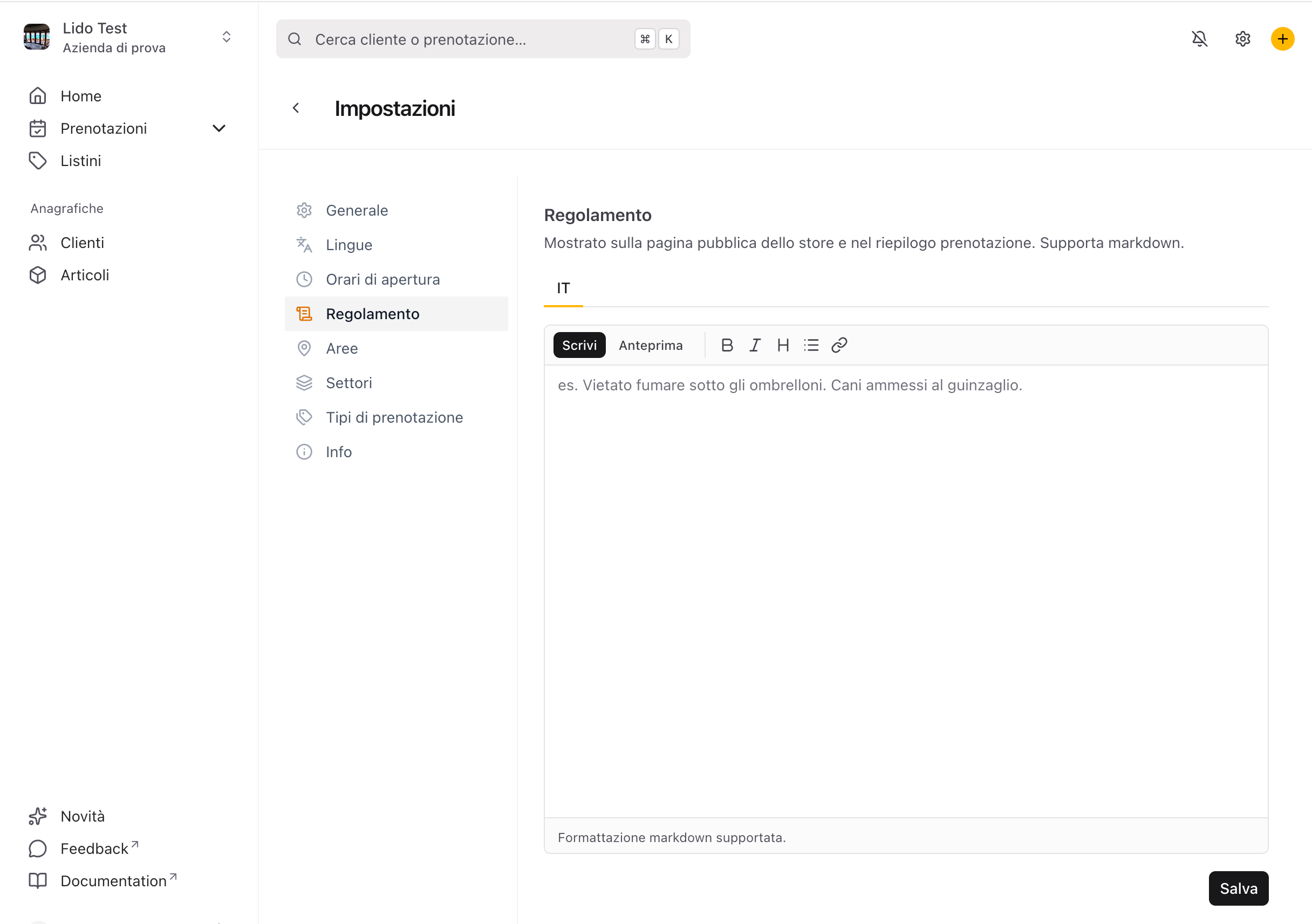 Scheda Regolamento nelle impostazioni