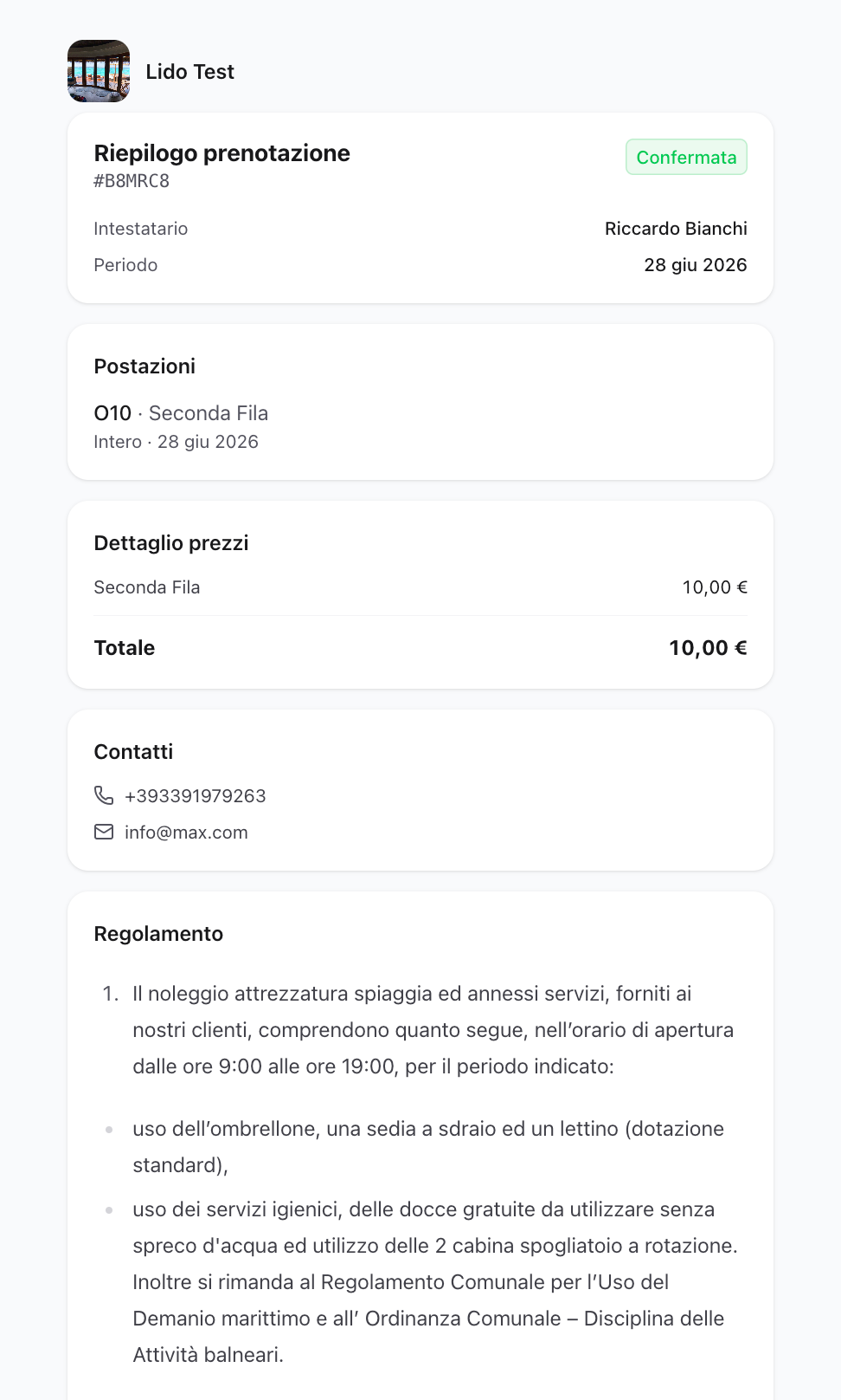 Regolamento nella pagina della prenotazione del cliente